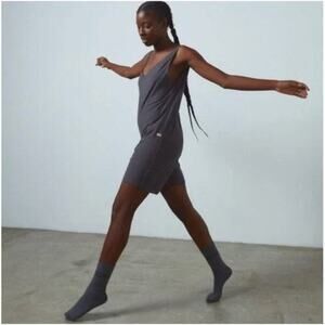 Lunya Cool Short Romper Charcoal Gray striped V-neck Jumpsuit romper sz XS